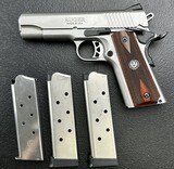 Ruger SR1911 Commander, STAINLESS, 45 ACP, two-tone with blued controls, beautiful wood grips, with 3 magazines (2 extended capacity). PRICED TO SELL! - 1 of 14