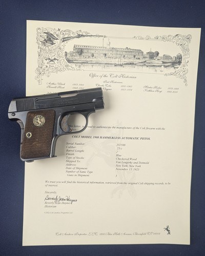 Historic Colt 1908 .25 Auto W/Factory Letter to Famed NYC Importer C. 1925
