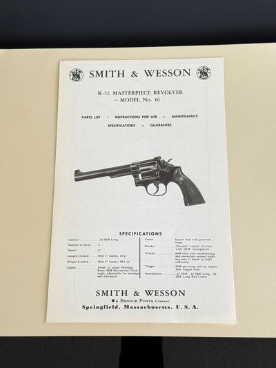 SMITH AND WESSON MODEL 16 REVOLVER * UNISSUED * NEVER FOLDED * FACTORY ORIGINAL MANUAL