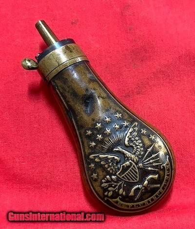 Small Antique Colt Pocket Pistol Powder Flask with Eagle, Shield, Stars, Crossed Pistols, E. Pluribus Unum Banner, Dixon & Sons Spout