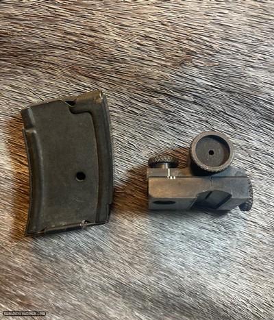 Set of vintage Factory Browning T-Bolt aperture rear sight and magazine