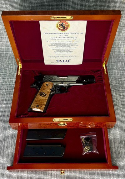 Colt National Match Royal Gold Cup .45 ACPTALO Exclusive 1 of 300NMR122Royal Blue 1911 w/ Burl Display Case