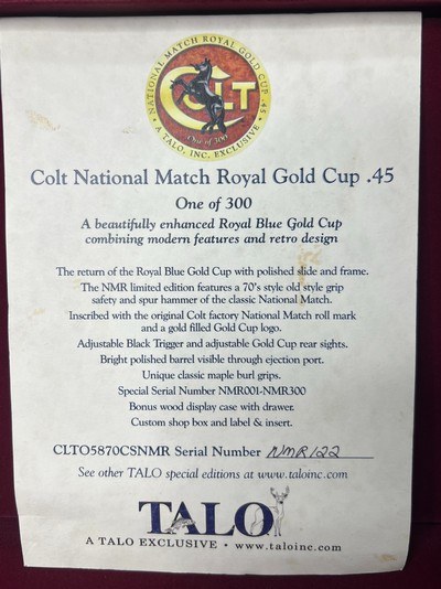 Colt National Match Royal Gold Cup .45 ACP — TALO Exclusive 1 of 300 — NMR122 — Royal Blue 1911 w/ Burl Display Case - Image 4 of 19