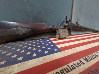 Antique Sharps Rifle, Patchbox Stock, Cartridge Box and Period Cartridges - Image 1 of 15