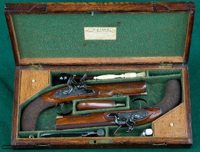 H. W. Mortimer --- Cased Pair Sidelock Flintlock Pistols --- .64 Calibre