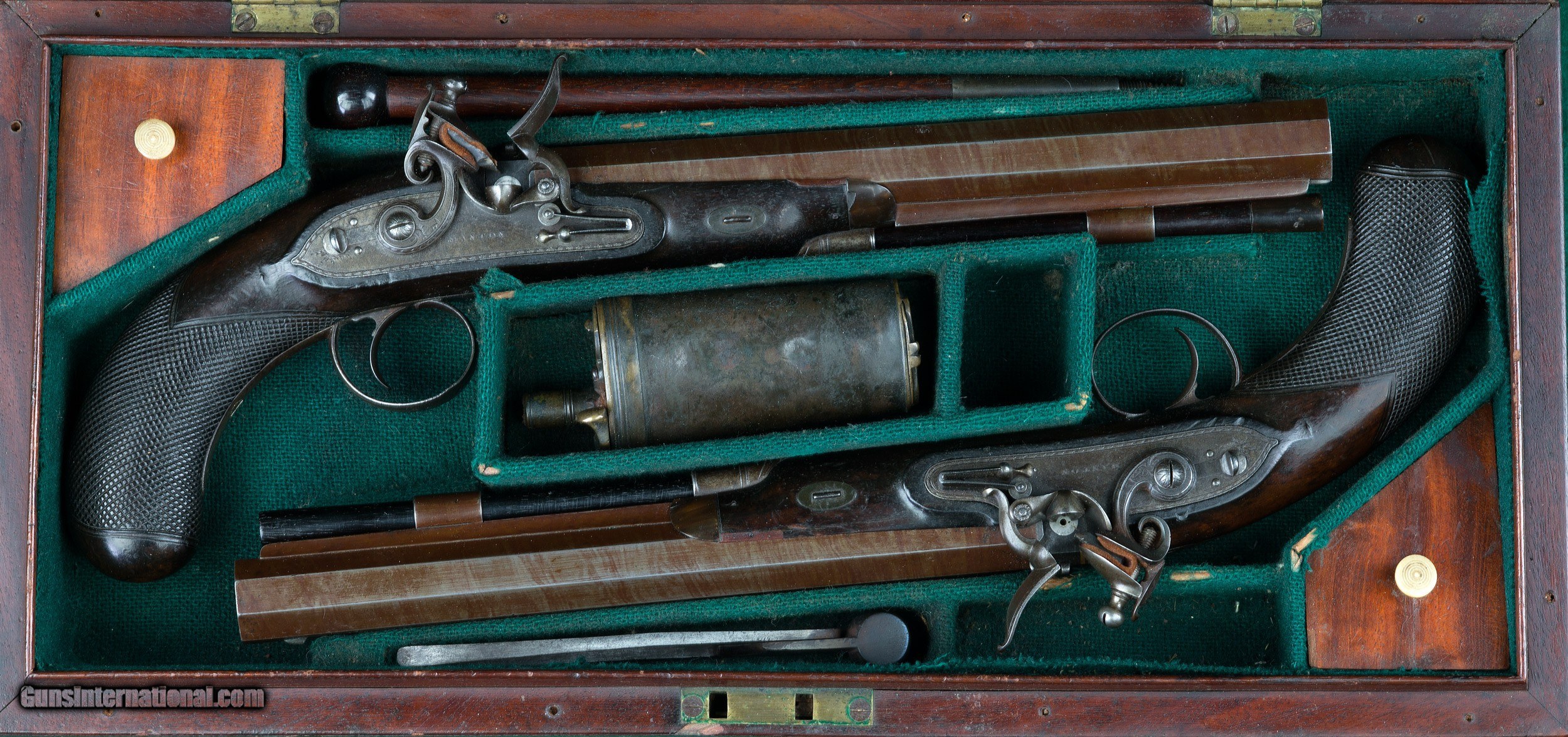 Pair of Flintlock Dueling Pistols with Case and Accessories, c