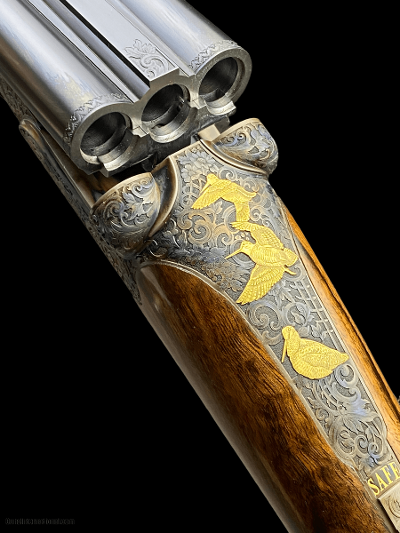 EXQUISITE KARL HAUPTMANN TRIPLE SxSxS 410 SIDE-LEVER W/ GOLD GAME SCENE INLAYS - CASED - AS NEW