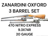 ZANARDINI OXFORD 3 BARREL SET - 20 GA 9.3X74R 470 NE - ONE GUN TO DO IT ALL BEAUTIFUL CASE COLORED ACTION - SWAROVSKI SCOPES!