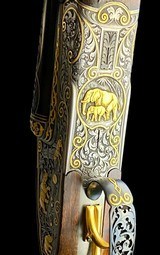 EXHIBITION GRADE H. DIRNBERGER DOUBLE RIFLE - 458 WIN MAG - PROFUSELY DEEP CHISEL ENGRAVED W/ 9 SOLID GOLD BIG GAME ANIMALS - FERLACH ART - 5 of 14