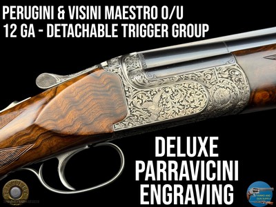 DELUXE PERUGINI & VISINI MAESTRO 12 GA O/U DETACHABLE TRIGGER GROUP - P. PARRAVICINI ENGRAVED - RELIEF SCROLL W/ GAME BIRDS