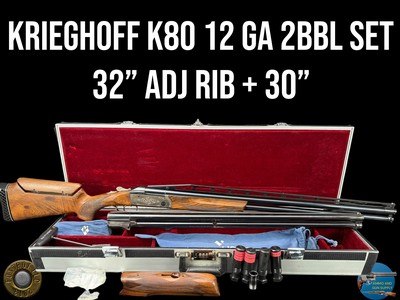 KRIEGHOFF K-80 12 GA - 2 BARREL SET - 32" W/ ADJ. RIB + 30" - CASED W/ ACC - LH STOCK - Image 1 of 20