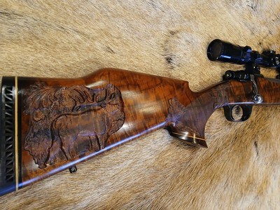 Custom Hand-carved Majestic Herd Bull in Select Grade Walnut in .300 Weatherby Magnum 