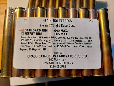 LOT OF 10 10 PACKS 100 CT 450 NITRO EXPRESS 3 1/4 IN STRIGHT BASE CASE, STANDARD RIM, BRASS EXTRUSION LABORTORIES LTD - Image 1 of 5