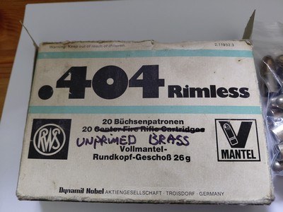 LOT OF 20 NEW UNPRIMED BRASS CASES 20 V MANTEL BULLETS 404 RIMLESS - Image 1 of 5