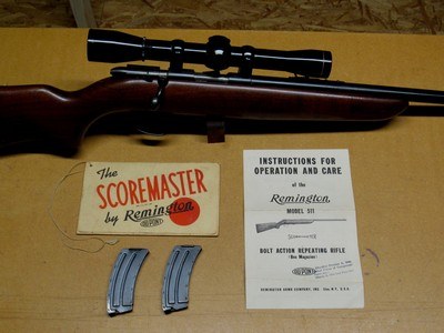 Near New Remington Model 511 SCOREMASTER Bolt Action .22 with Leupold M8 - 4X Scope, 2 - 10 Round Remington Magazines and Owners Manual