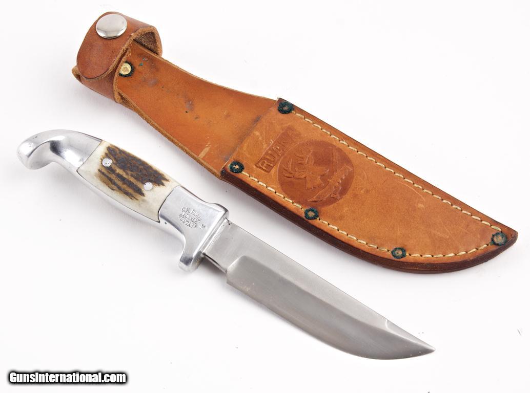 RUANA KNIVES MODEL 12A, M STAMP, ANTLER GRIPS W. LEATHER SHEATH