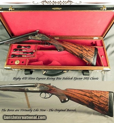 RIGBY RISING BITE 470 N. E.- BORES as NEW with ORIG. Bbls.- SUPERB 1911 SIDELOCK CLASSIC- 26" EJECTOR CHOPPER LUMP Bbls.- OUTSTANDING WOOD