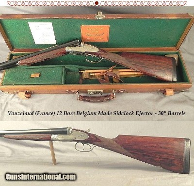 VOUZELAUD (FRANCE)- BELGIUM MADE 12 BORE SIDELOCK EJECT.- 30" CHOPPER LUMP Bbls.- ORIG. 2 3/4" & ORIG. SKEET I & II- NICE WOOD- CASED- 14 9/