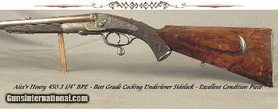 ALEXANDER HENRY- 450 3 1/4" BPE- 1892 CLASSIC HAMMERLESS COCKING UNDERLEVER SIDELOCK EXPRESS- EXC. PLUS BORES & CHAMBERS- 70% ORIG. CASE COLORS