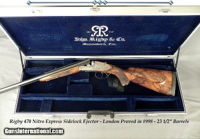 RIGBY 470 N. E. LONDON SIDELOCK EJECTOR- LONDON PROOF 1998- 90% COVERAGE of FLORAL & 3 AFRICAN GAME ANIMALS- EXC. WOOD- OVERALL REMAINS at 98%- CASED