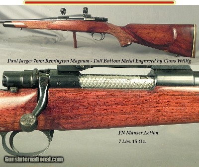 JAEGER, PAUL 7mm REM. MAG.- TOTAL CLAUS WILLIG RELIEF ENGRAVING with a GAME SCENE on the BOTTOM METAL w/GOLD- FN MAUSER ACTION- BUILT 1981