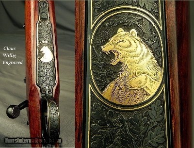 JAEGER, PAUL 7mm REM. MAG.- TOTAL CLAUS WILLIG RELIEF ENGRAVING with a GAME SCENE on the BOTTOM METAL w/GOLD- FN MAUSER ACTION- BUILT 1981 - Image 2 of 5