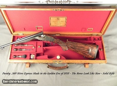 PURDEY .369 N. E.- RARE CALIBER in a PURDEY DOUBLE- GOLDEN ERA PIECE of 1935- BORES LOOK LIKE NEW- 90% ORIG. CASE COLORS- O&L TRUNK- EXC. WOOD- NICE