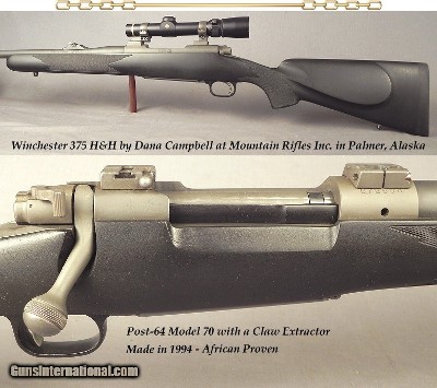 WINCHESTER 375 H&H MOD 70 by MOUNTAIN RIFLES INC.- POST-64 MOD 70- CONTROLLED ROUND FEED- QD LEVER PIVOT MOUNTS- LEUPOLD 1.5 x 5- TOUGH & READY to GO