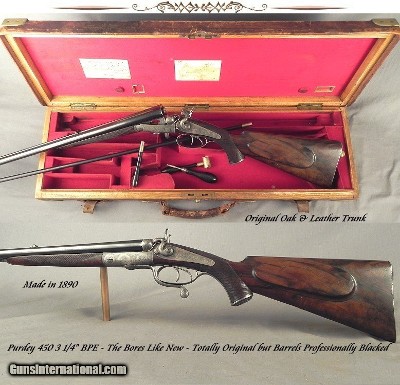 PURDEY 450 3 1/4" BPE- A TOTALLY ORIG 1890 RIFLE & CASE EXCEPT Bbls. REBLACKED- OWNED by H. R. H. PRINCE ARTHUR of CONNAUGHT- BORES LIKE NEW-CASE