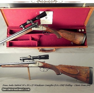 FRANZ SODIA 20 x 20 x 22 WIN. CENTERFIRE (5.6 x 35R) DRILLING- 1941 QUALITY- EXC PLUS COND- ALL 3 BORES EXC PLUS- 99% ENGRAVED- EXC.WOOD