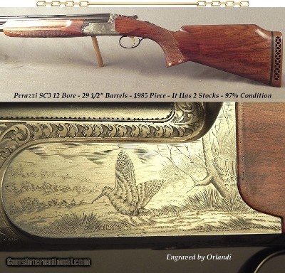 PERAZZI SC3 12- 29 1/2" V R Bbls.- 7 BRILEY CHOKES- 95% COVERAGE of GAME BIRD ENGRAVING- REMAINS in 97% COND- NICE WOOD- 2 STOCKS- 1985-8 Lbs.4 O