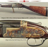 BELGIUM 12 O/U SIDELOCK EJECT- 1937- SOLD by PIRLET ARMURIERS in PARIS- 29 1/4" SOLID RIB BBLS.- NEAR EXHIBITION WOOD- 97% L. SMEETS ENGRAVED- 6/ - 1 of 7