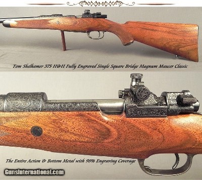 TOM SHELHAMER 375 H&H TOTAL ENGRAVED Sgl SQUARE MAG MAUSER- OUTSTANDING ENGRAVING with 98% COVERAGE on the ACTION- AS NEW- 1953 GUN DIGEST