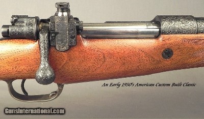 TOM SHELHAMER 375 H&H TOTAL ENGRAVED Sgl SQUARE MAG MAUSER- OUTSTANDING ENGRAVING with 98% COVERAGE on the ACTION- AS NEW- 1953 GUN DIGEST - Image 2 of 10