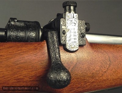 TOM SHELHAMER 375 H&H TOTAL ENGRAVED Sgl SQUARE MAG MAUSER- OUTSTANDING ENGRAVING with 98% COVERAGE on the ACTION- AS NEW- 1953 GUN DIGEST - Image 6 of 10