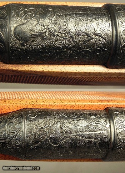 TOM SHELHAMER 375 H&H TOTAL ENGRAVED Sgl SQUARE MAG MAUSER- OUTSTANDING ENGRAVING with 98% COVERAGE on the ACTION- AS NEW- 1953 GUN DIGEST - Image 4 of 10