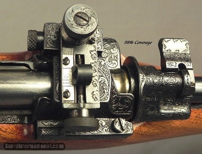 TOM SHELHAMER 375 H&H TOTAL ENGRAVED Sgl SQUARE MAG MAUSER- OUTSTANDING ENGRAVING with 98% COVERAGE on the ACTION- AS NEW- 1953 GUN DIGEST - Image 5 of 10
