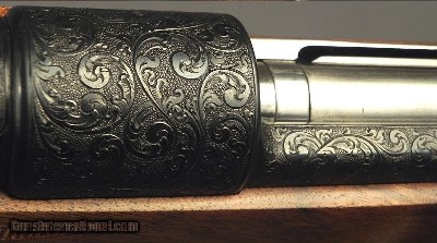 TOM SHELHAMER 375 H&H TOTAL ENGRAVED Sgl SQUARE MAG MAUSER- OUTSTANDING ENGRAVING with 98% COVERAGE on the ACTION- AS NEW- 1953 GUN DIGEST - Image 7 of 10