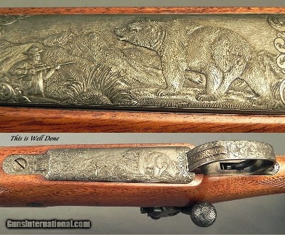 TOM SHELHAMER 375 H&H TOTAL ENGRAVED Sgl SQUARE MAG MAUSER- OUTSTANDING ENGRAVING with 98% COVERAGE on the ACTION- AS NEW- 1953 GUN DIGEST - Image 3 of 10