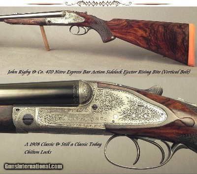 RIGBY RISING BITE 470 N E- BORES ARE EXC- EXHIBITION WOOD- VERY NICE 1908 SIDELOCK CLASSIC- 28" KRUPP EJECT CHOPPER LUMP Bbls.- VERY ACCURATE