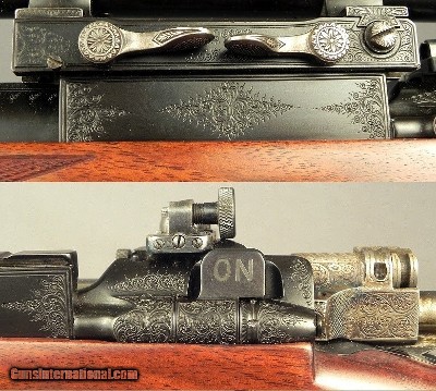 R. G. OWEN, 30-06- FULL KORNBRATH ENGRAVING- SPRINGFIELD ACTION- PERIOD GRIFFIN & HOWE SIDE MOUNT- PERIOD ZEISS SCOPE- GOLD GRIZZLY- EXC. COND.- SOLD - Image 3 of 9