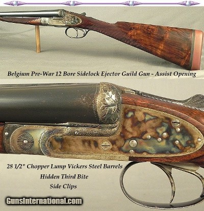 BELGIUM 12 SIDELOCK EJECT QUALITY GAME GUN- 28 1/2" CHOPPER LUMP Bbls.- THIRD BITE- SIDE CLIPS- EASY OPENER- BOLSTERED FRAME- EXC. DIMENSIONS
