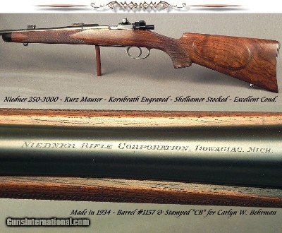 NIEDNER 250-3000- FULL KORNBRATH ENGRAVED- SHELHAMER STOCKED- SHORT KURZ MAUSER- REMAINS in EXC PLUS COND- BY NIEDNER in 1934- NICE FRENCH WALNUT SOLD