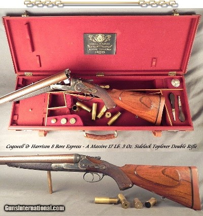 C&H 8 BORE- COGSWELL & HARRISON- A MASSIVE SIDELOCK TOPLEVER HAMMERLESS 8 BORE EXPRESS FULLY RIFLED DOUBLE- REMAINS in EXC. SOLID COND- 17 Lb 3 Oz