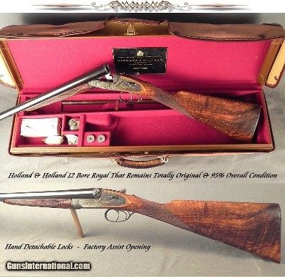 HOLLAND & HOLLAND 12 BORE ROYAL- TOTALLY ORIG- 96% ORIG CASE COLORS- OVERALL 95% COND- EXC WOOD- ORIG LEATHER TRUNK- ORIG I. C. & M- MADE in 1965 SOLD