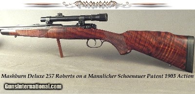 MASHBURN ARMS 257 ROBERTS- TOTAL DELUXE with SUPERB ENGRAVING & EXC WOOD- 1/4 RIB- VINTAGE LYMAN ALASKAN SCOPE- OVERALL 98% COND- MS 1903 ACTION- NICE