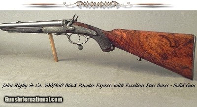RIGBY 500/450 BPE- LISTED w/ CONSECUTIVE # 577/500- EXC PLUS BORES- 75% ORIG CASE COLOR- SUPER WOOD- BREECH FACE 90% CASE COLOR- 60% ENGRAVE- 45 CAL