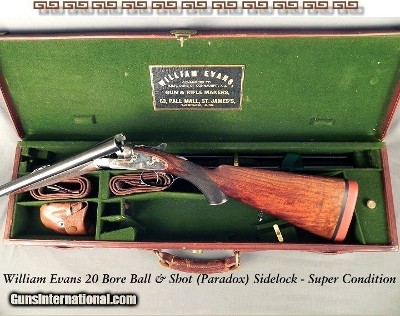 EVANS 20 BORE PARADOX SIDELOCK- SUPERB ORIG COND- 95% ORIG CASE COLORS- EXC PLUS BORES- ORIG CASE- ALL LOADING INFO PROVIDED- 28