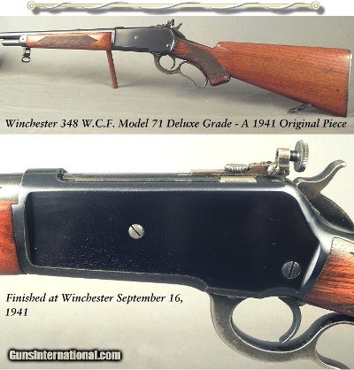 WINCHESTER MOD 71 DELUXE- 348 W.C.F.- ORIG PIECE- MADE 1941- BORE LIKE NEW- 94% RECEIVER BLUE- 95% Bbl. BLUE- 96% WOOD FINISH- FACTORY BOLT PEEP SIGHT