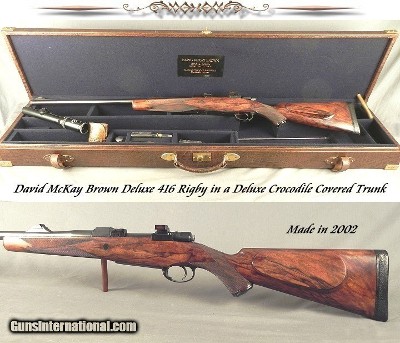 McKAY BROWN 416 RIGBY- MODERN DOUBLE SQUARE BRIDGE MAG MAUSER ACTION- H&H STYLE LEVER Q D RINGS- 1 1/4 x 4 SCHMIDT & BENDER- DELUXE CROCODILE CASE